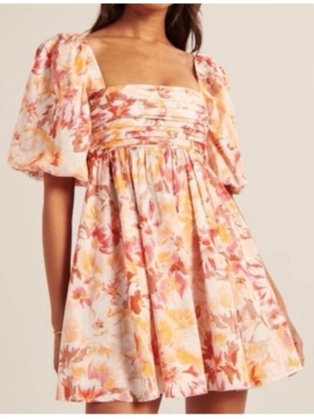Abercrombie & Fitch Emerson Mini Dress Puff Sleeve Pleat Bodice Peach Floral XLT